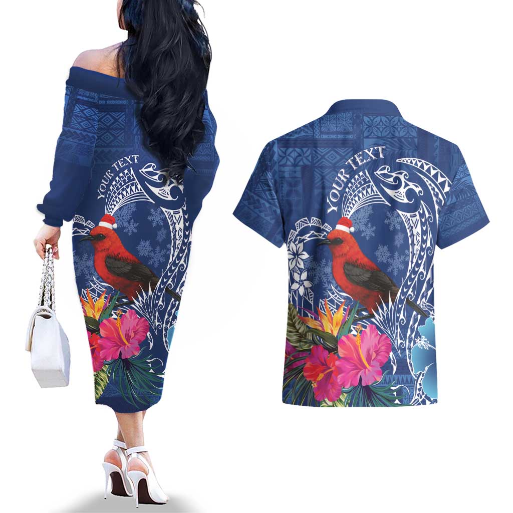 Personalized Samoa Christmas Couples Matching Off The Shoulder Long Sleeve Dress and Hawaiian Shirt Cardinal Honeyeater Mix Siapo LT7 - Polynesian Pride