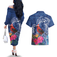 Personalized Samoa Christmas Couples Matching Off The Shoulder Long Sleeve Dress and Hawaiian Shirt Cardinal Honeyeater Mix Siapo LT7 - Polynesian Pride