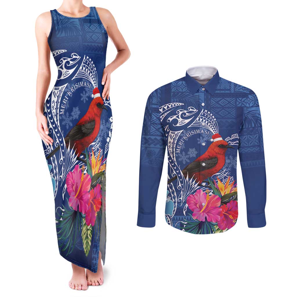 Personalized Samoa Christmas Couples Matching Tank Maxi Dress and Long Sleeve Button Shirt Cardinal Honeyeater Mix Siapo