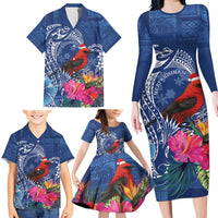 Personalized Samoa Christmas Family Matching Long Sleeve Bodycon Dress and Hawaiian Shirt Cardinal Honeyeater Mix Siapo LT7 - Polynesian Pride
