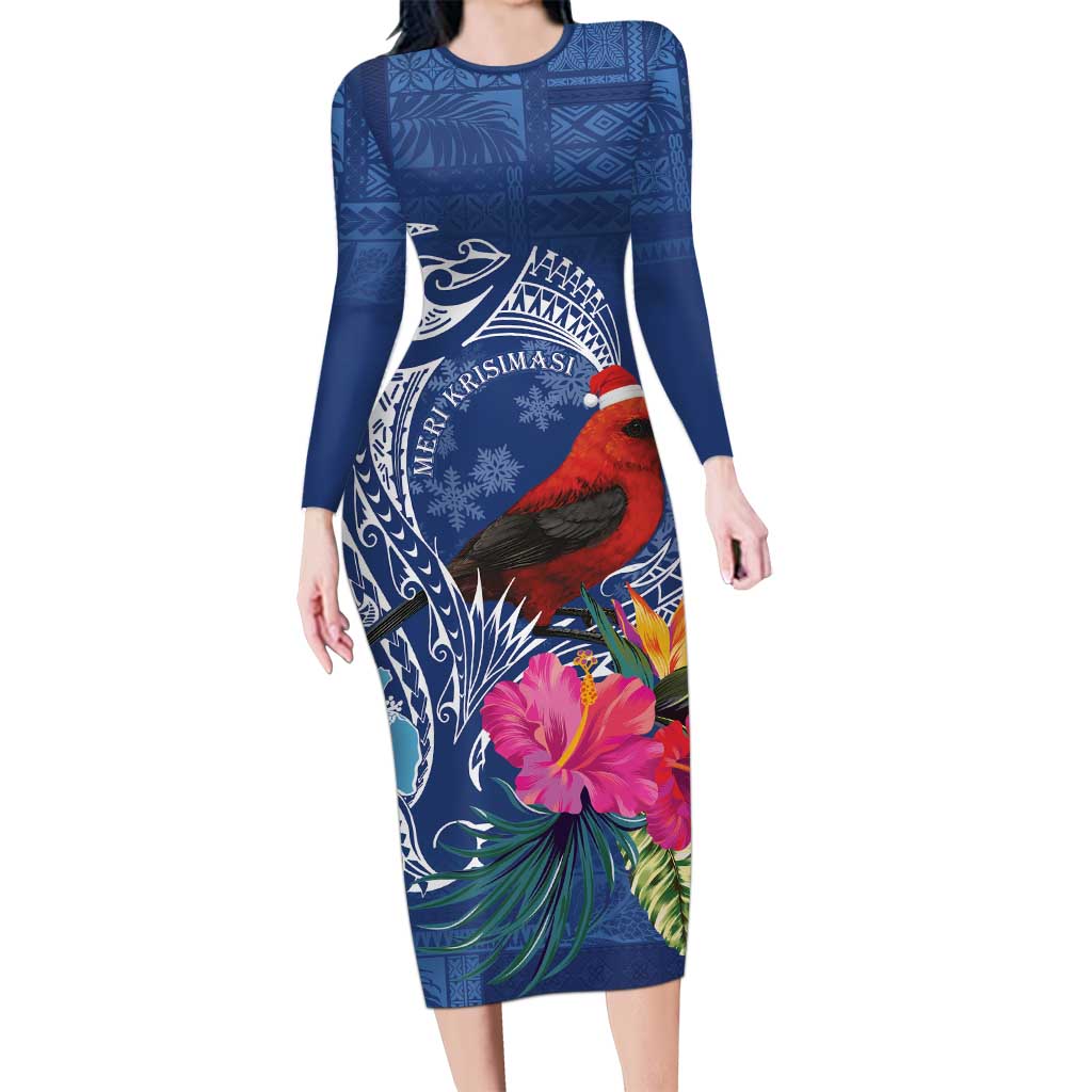 Personalized Samoa Christmas Family Matching Long Sleeve Bodycon Dress and Hawaiian Shirt Cardinal Honeyeater Mix Siapo LT7 Mom's Dress Blue - Polynesian Pride