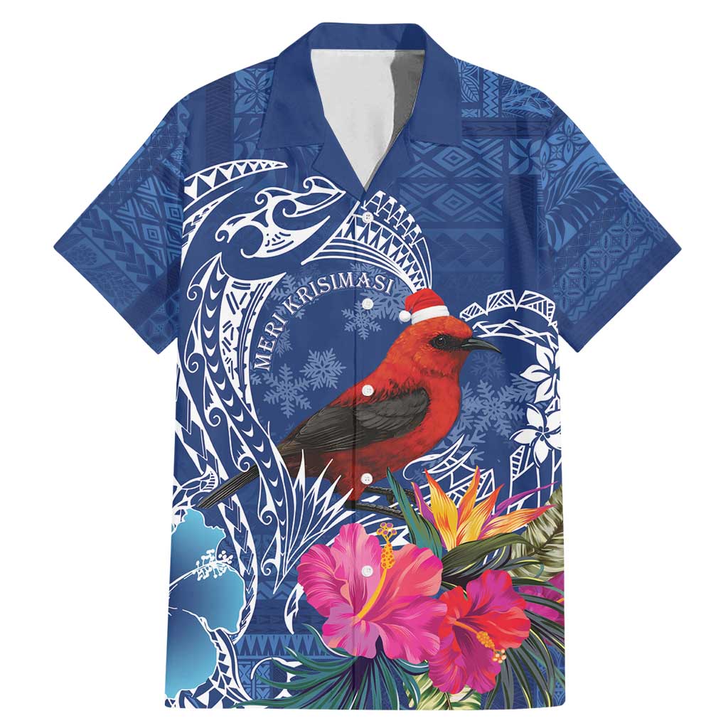 Personalized Samoa Christmas Family Matching Mermaid Dress and Hawaiian Shirt Cardinal Honeyeater Mix Siapo LT7 Dad's Shirt - Short Sleeve Blue - Polynesian Pride