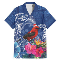 Personalized Samoa Christmas Family Matching Mermaid Dress and Hawaiian Shirt Cardinal Honeyeater Mix Siapo LT7 Dad's Shirt - Short Sleeve Blue - Polynesian Pride