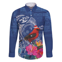 Personalized Samoa Christmas Family Matching Mermaid Dress and Hawaiian Shirt Cardinal Honeyeater Mix Siapo LT7 Dad's Shirt - Long Sleeve Blue - Polynesian Pride