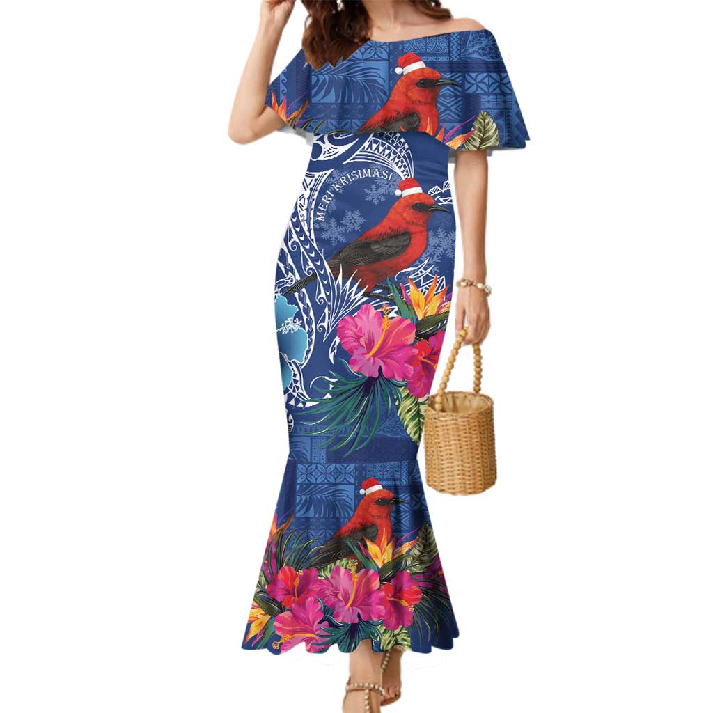 Personalized Samoa Christmas Family Matching Mermaid Dress and Hawaiian Shirt Cardinal Honeyeater Mix Siapo LT7 Mom's Dress Blue - Polynesian Pride