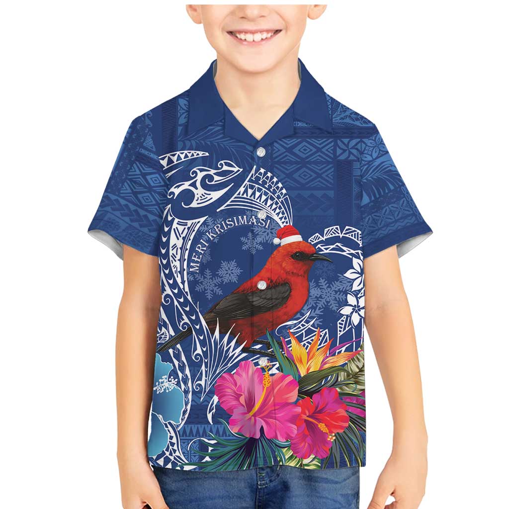 Personalized Samoa Christmas Family Matching Mermaid Dress and Hawaiian Shirt Cardinal Honeyeater Mix Siapo LT7 Son's Shirt Blue - Polynesian Pride