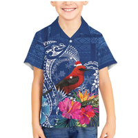Personalized Samoa Christmas Family Matching Mermaid Dress and Hawaiian Shirt Cardinal Honeyeater Mix Siapo LT7 Son's Shirt Blue - Polynesian Pride