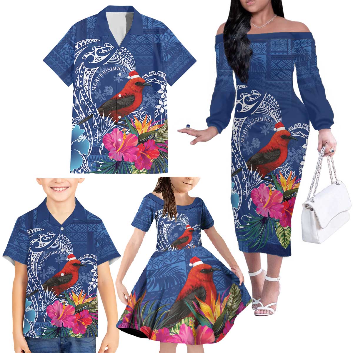 Personalized Samoa Christmas Family Matching Off The Shoulder Long Sleeve Dress and Hawaiian Shirt Cardinal Honeyeater Mix Siapo LT7 - Polynesian Pride