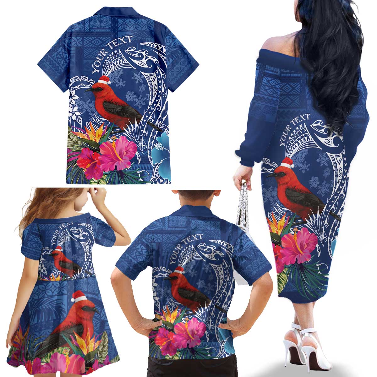Personalized Samoa Christmas Family Matching Off The Shoulder Long Sleeve Dress and Hawaiian Shirt Cardinal Honeyeater Mix Siapo LT7 - Polynesian Pride