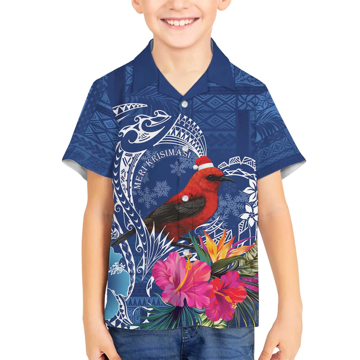 Personalized Samoa Christmas Family Matching Off The Shoulder Long Sleeve Dress and Hawaiian Shirt Cardinal Honeyeater Mix Siapo LT7 Son's Shirt Blue - Polynesian Pride