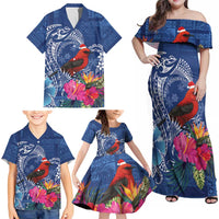 Personalized Samoa Christmas Family Matching Off Shoulder Maxi Dress and Hawaiian Shirt Cardinal Honeyeater Mix Siapo LT7 - Polynesian Pride
