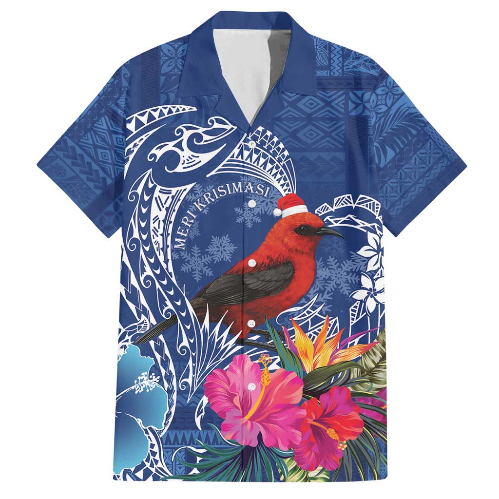 Personalized Samoa Christmas Family Matching Off Shoulder Maxi Dress and Hawaiian Shirt Cardinal Honeyeater Mix Siapo LT7 Dad's Shirt - Short Sleeve Blue - Polynesian Pride
