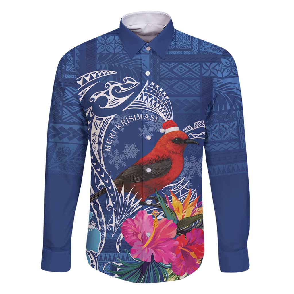 Personalized Samoa Christmas Family Matching Off Shoulder Maxi Dress and Hawaiian Shirt Cardinal Honeyeater Mix Siapo LT7 Dad's Shirt - Long Sleeve Blue - Polynesian Pride
