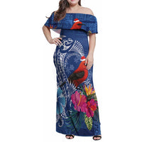 Personalized Samoa Christmas Family Matching Off Shoulder Maxi Dress and Hawaiian Shirt Cardinal Honeyeater Mix Siapo LT7 Mom's Dress Blue - Polynesian Pride
