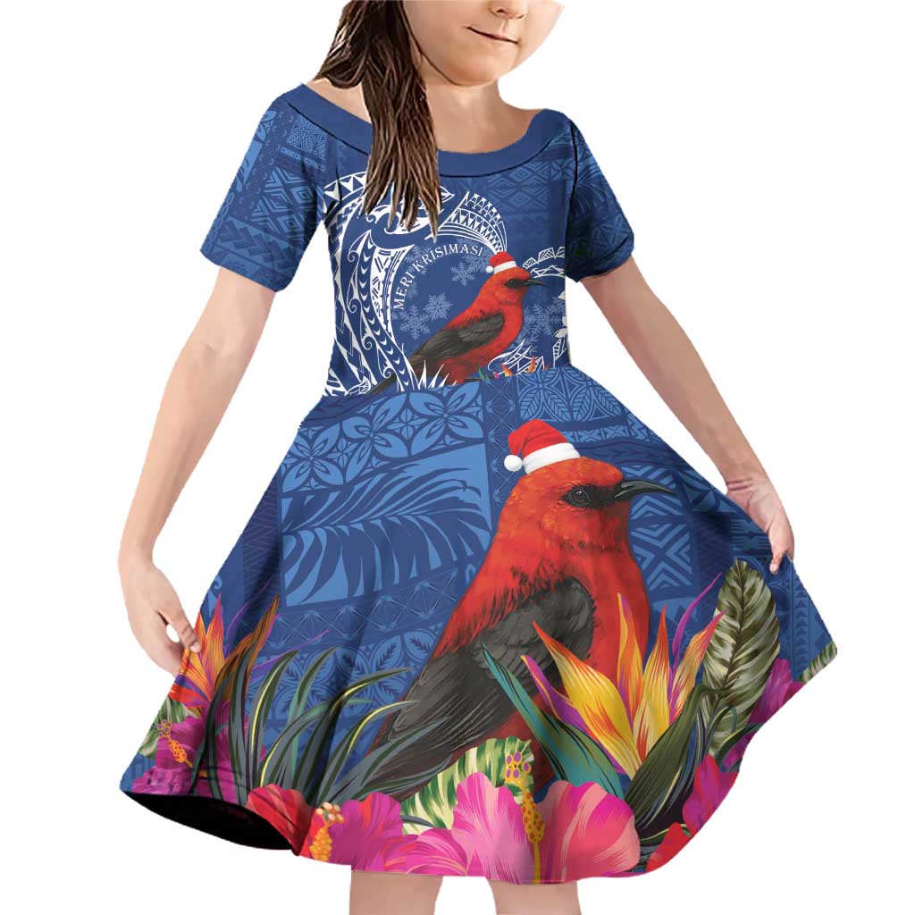 Personalized Samoa Christmas Family Matching Off Shoulder Short Dress and Hawaiian Shirt Cardinal Honeyeater Mix Siapo LT7 Daughter's Dress Blue - Polynesian Pride