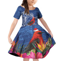Personalized Samoa Christmas Family Matching Off Shoulder Short Dress and Hawaiian Shirt Cardinal Honeyeater Mix Siapo LT7 Daughter's Dress Blue - Polynesian Pride