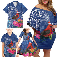 Personalized Samoa Christmas Family Matching Off Shoulder Short Dress and Hawaiian Shirt Cardinal Honeyeater Mix Siapo LT7 - Polynesian Pride
