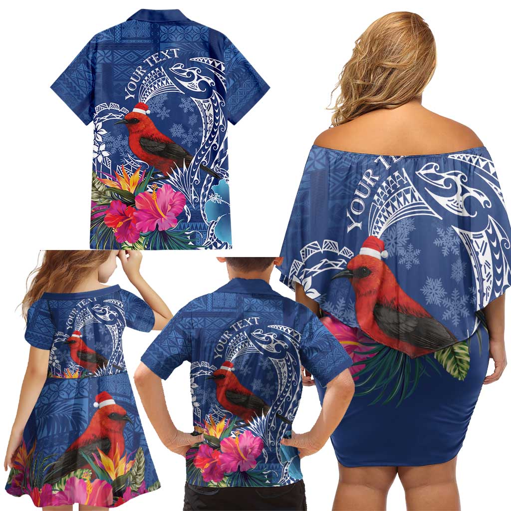 Personalized Samoa Christmas Family Matching Off Shoulder Short Dress and Hawaiian Shirt Cardinal Honeyeater Mix Siapo LT7 - Polynesian Pride