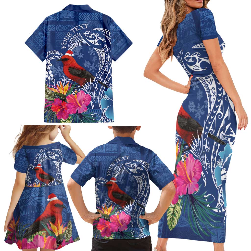 Personalized Samoa Christmas Family Matching Short Sleeve Bodycon Dress and Hawaiian Shirt Cardinal Honeyeater Mix Siapo LT7 - Polynesian Pride