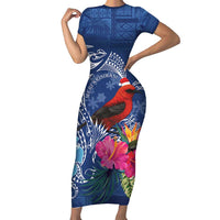 Personalized Samoa Christmas Family Matching Short Sleeve Bodycon Dress and Hawaiian Shirt Cardinal Honeyeater Mix Siapo LT7 Mom's Dress Blue - Polynesian Pride