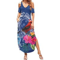 Personalized Samoa Christmas Family Matching Summer Maxi Dress and Hawaiian Shirt Cardinal Honeyeater Mix Siapo LT7 Mom's Dress Blue - Polynesian Pride