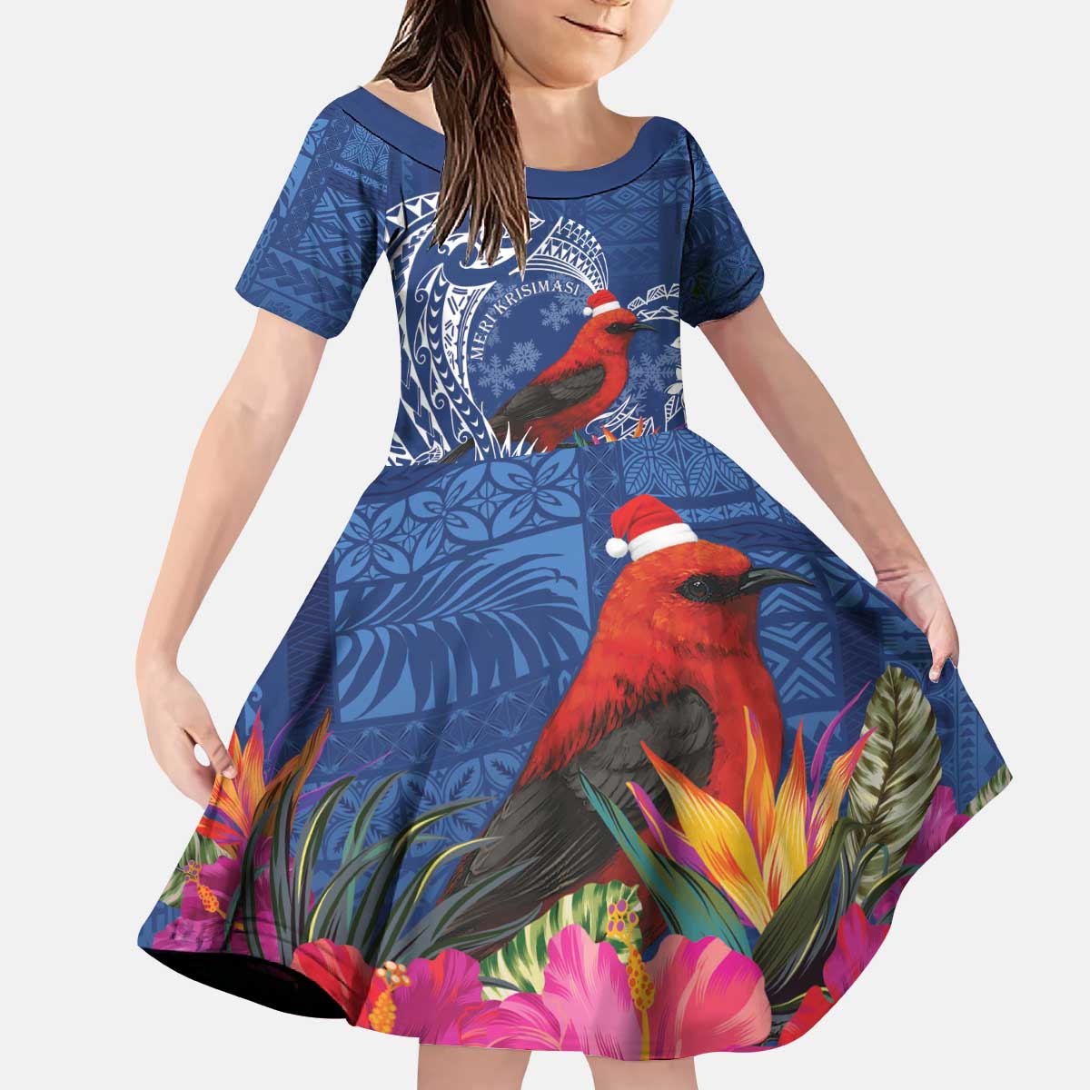 Personalized Samoa Christmas Kid Short Sleeve Dress Cardinal Honeyeater Mix Siapo LT7 KID Blue - Polynesian Pride