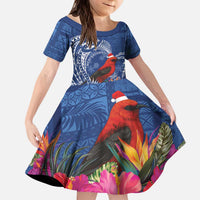 Personalized Samoa Christmas Kid Short Sleeve Dress Cardinal Honeyeater Mix Siapo LT7 KID Blue - Polynesian Pride