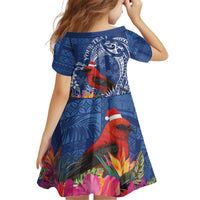 Personalized Samoa Christmas Kid Short Sleeve Dress Cardinal Honeyeater Mix Siapo LT7 - Polynesian Pride