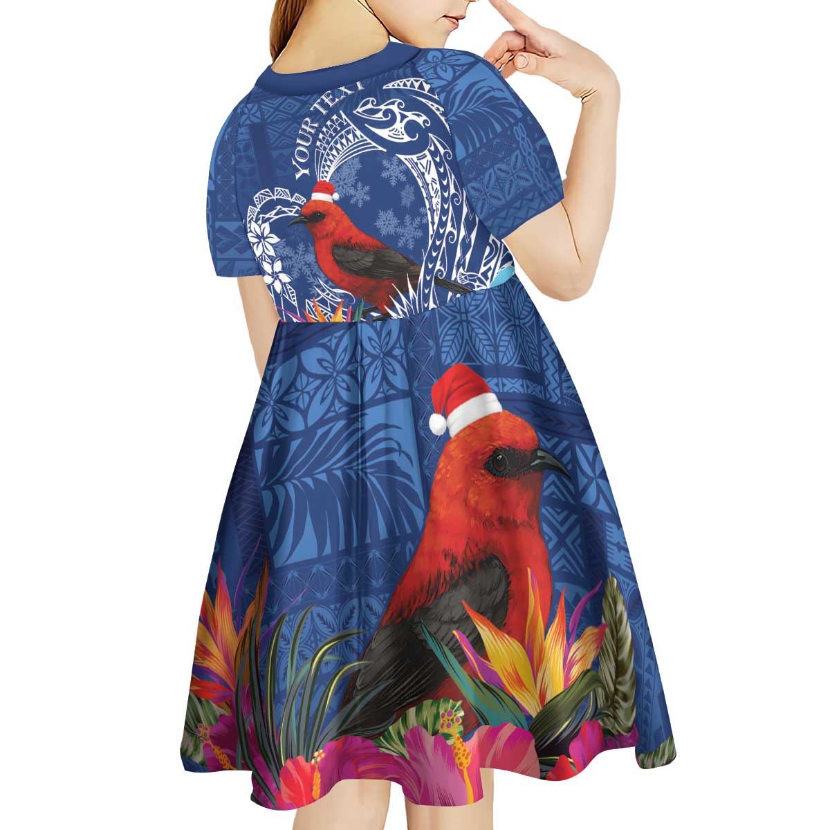 Personalized Samoa Christmas Kid Short Sleeve Dress Cardinal Honeyeater Mix Siapo LT7 - Polynesian Pride