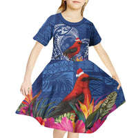 Personalized Samoa Christmas Kid Short Sleeve Dress Cardinal Honeyeater Mix Siapo LT7 - Polynesian Pride