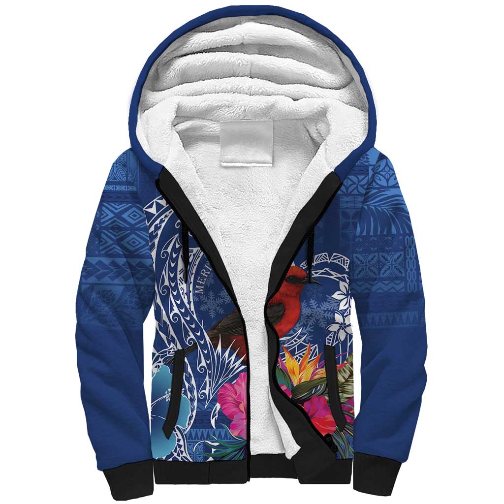 Personalized Samoa Christmas Sherpa Hoodie Cardinal Honeyeater Mix Siapo LT7 Unisex Blue - Polynesian Pride