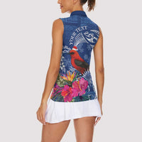 Personalized Samoa Christmas Women Sleeveless Polo Shirt Cardinal Honeyeater Mix Siapo