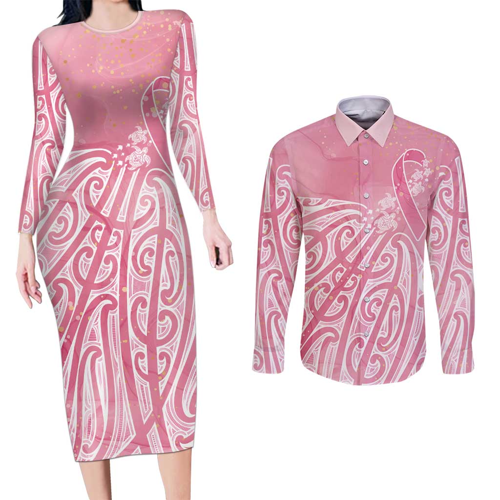 Breast Cancer Awareness Maori Couples Matching Long Sleeve Bodycon Dress and Long Sleeve Button Shirt Kia Kaha Kia Maia Kia Manawanui LT7 Pink - Polynesian Pride