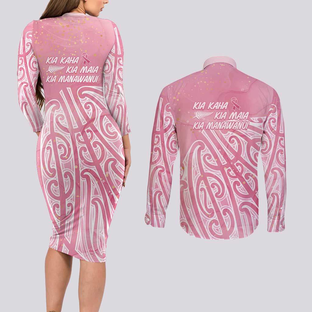 Breast Cancer Awareness Maori Couples Matching Long Sleeve Bodycon Dress and Long Sleeve Button Shirt Kia Kaha Kia Maia Kia Manawanui LT7 - Polynesian Pride