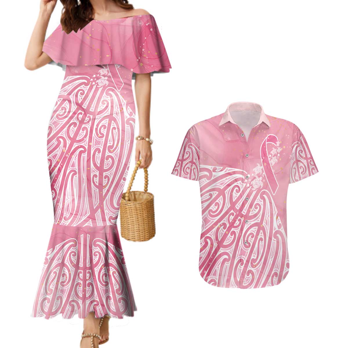 Breast Cancer Awareness Maori Couples Matching Mermaid Dress and Hawaiian Shirt Kia Kaha Kia Maia Kia Manawanui LT7 Pink - Polynesian Pride