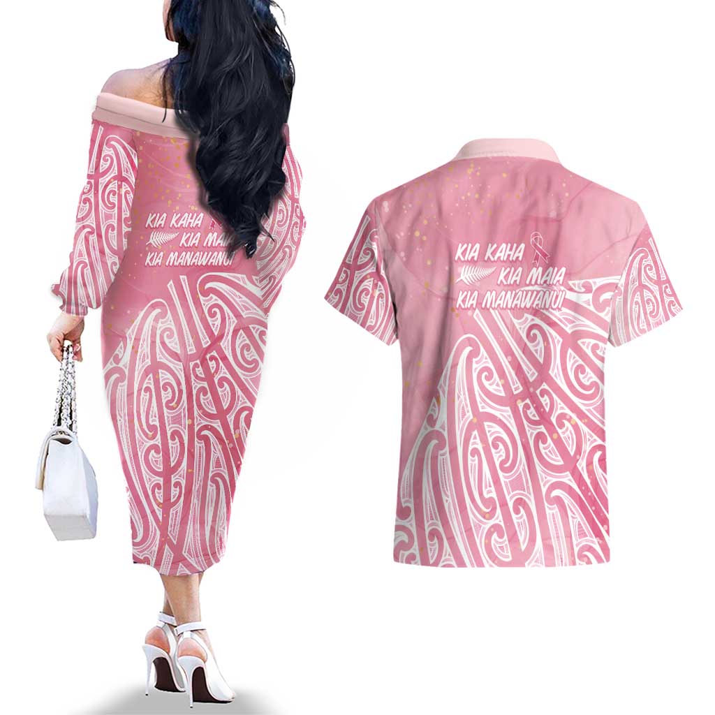 Breast Cancer Awareness Maori Couples Matching Off The Shoulder Long Sleeve Dress and Hawaiian Shirt Kia Kaha Kia Maia Kia Manawanui LT7 - Polynesian Pride