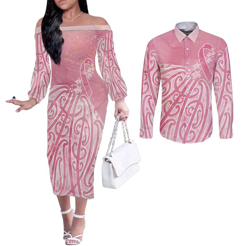 Breast Cancer Awareness Maori Couples Matching Off The Shoulder Long Sleeve Dress and Long Sleeve Button Shirt Kia Kaha Kia Maia Kia Manawanui LT7 Pink - Polynesian Pride