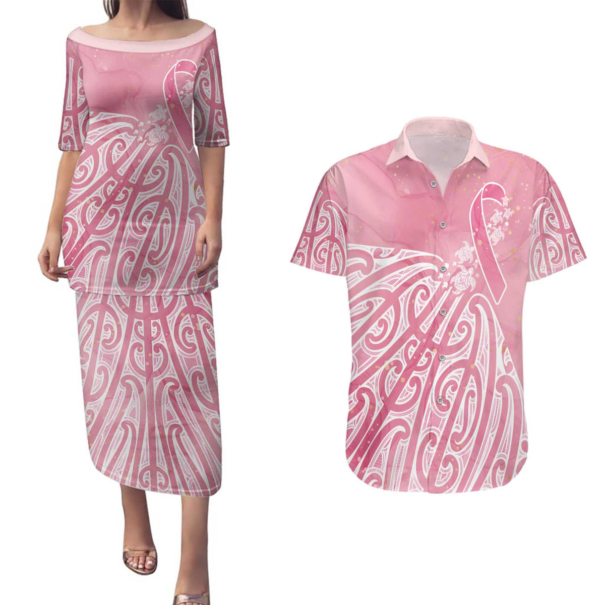 Breast Cancer Awareness Maori Couples Matching Puletasi and Hawaiian Shirt Kia Kaha Kia Maia Kia Manawanui LT7 Pink - Polynesian Pride
