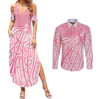 Breast Cancer Awareness Maori Couples Matching Summer Maxi Dress and Long Sleeve Button Shirt Kia Kaha Kia Maia Kia Manawanui LT7 Pink - Polynesian Pride