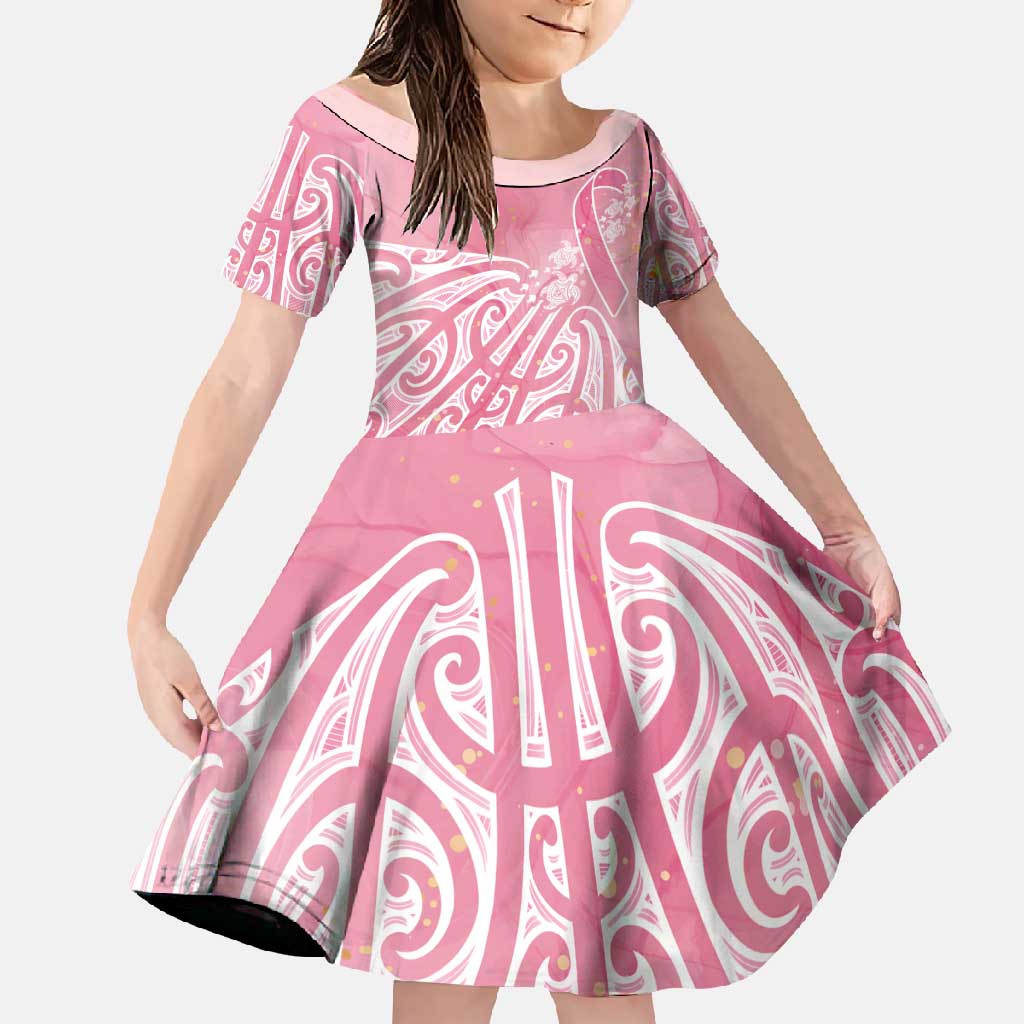 Breast Cancer Awareness Maori Family Matching Off Shoulder Maxi Dress and Hawaiian Shirt Kia Kaha Kia Maia Kia Manawanui LT7 Daughter's Dress Pink - Polynesian Pride