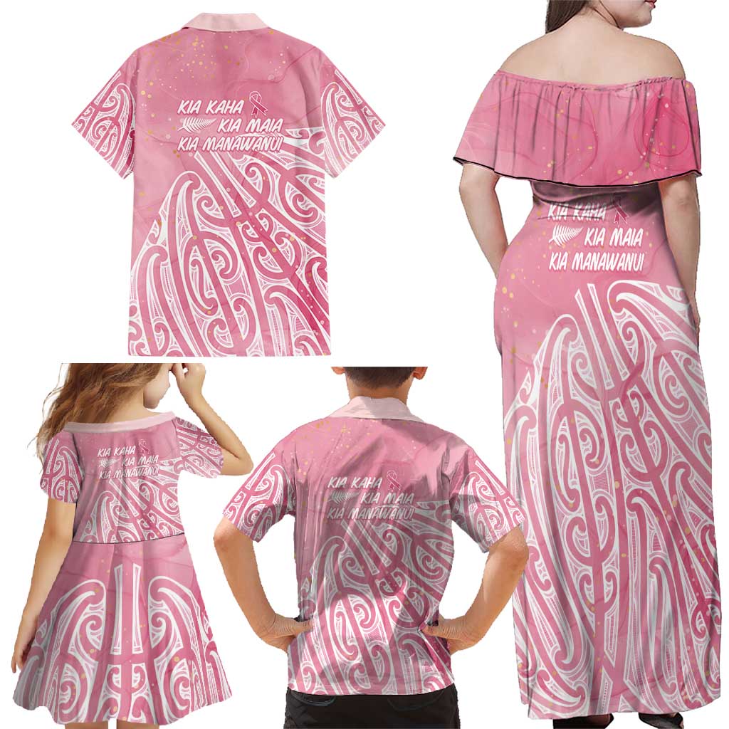 Breast Cancer Awareness Maori Family Matching Off Shoulder Maxi Dress and Hawaiian Shirt Kia Kaha Kia Maia Kia Manawanui LT7 - Polynesian Pride