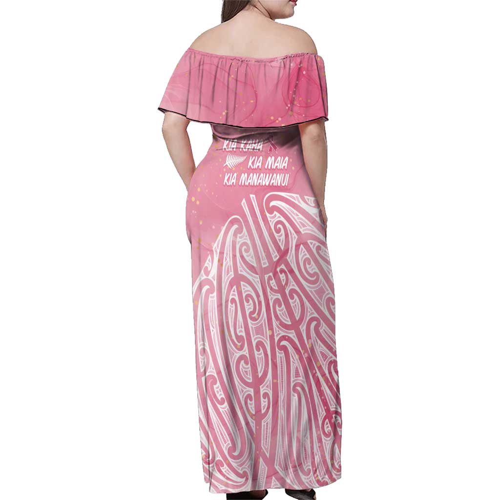 Breast Cancer Awareness Maori Family Matching Off Shoulder Maxi Dress and Hawaiian Shirt Kia Kaha Kia Maia Kia Manawanui LT7 - Polynesian Pride