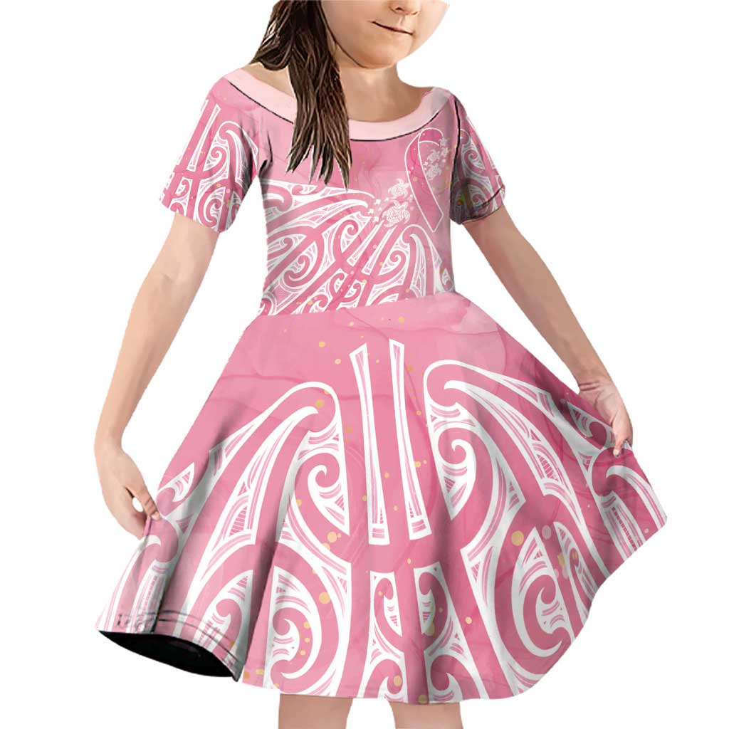 Breast Cancer Awareness Maori Family Matching Off Shoulder Short Dress and Hawaiian Shirt Kia Kaha Kia Maia Kia Manawanui LT7 Daughter's Dress Pink - Polynesian Pride
