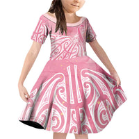 Breast Cancer Awareness Maori Family Matching Off Shoulder Short Dress and Hawaiian Shirt Kia Kaha Kia Maia Kia Manawanui LT7 Daughter's Dress Pink - Polynesian Pride