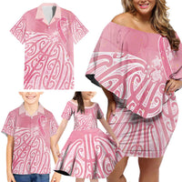 Breast Cancer Awareness Maori Family Matching Off Shoulder Short Dress and Hawaiian Shirt Kia Kaha Kia Maia Kia Manawanui LT7 - Polynesian Pride