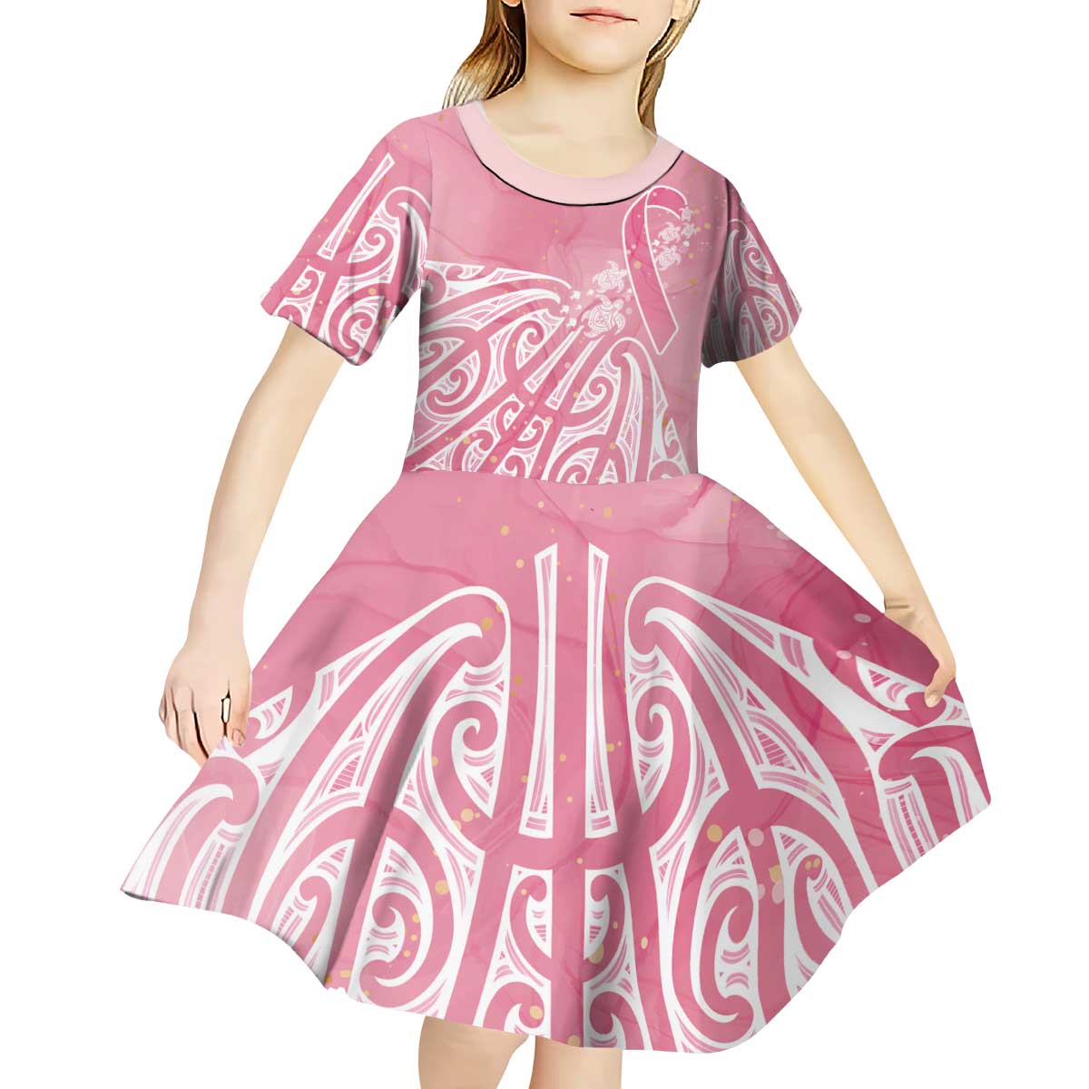 Breast Cancer Awareness Maori Kid Short Sleeve Dress Kia Kaha Kia Maia Kia Manawanui LT7 - Polynesian Pride