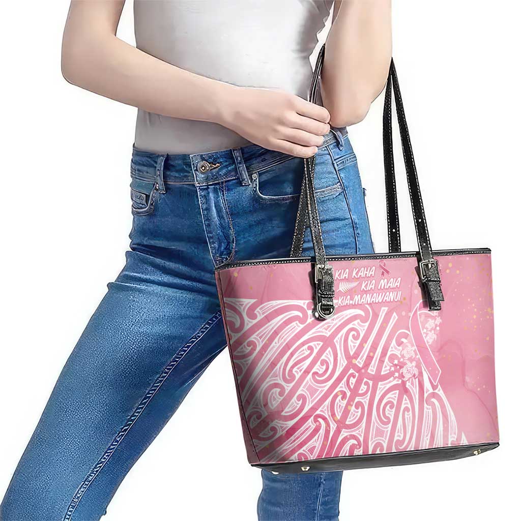 Breast Cancer Awareness Maori Leather Tote Bag Kia Kaha Kia Maia Kia Manawanui LT7 - Polynesian Pride