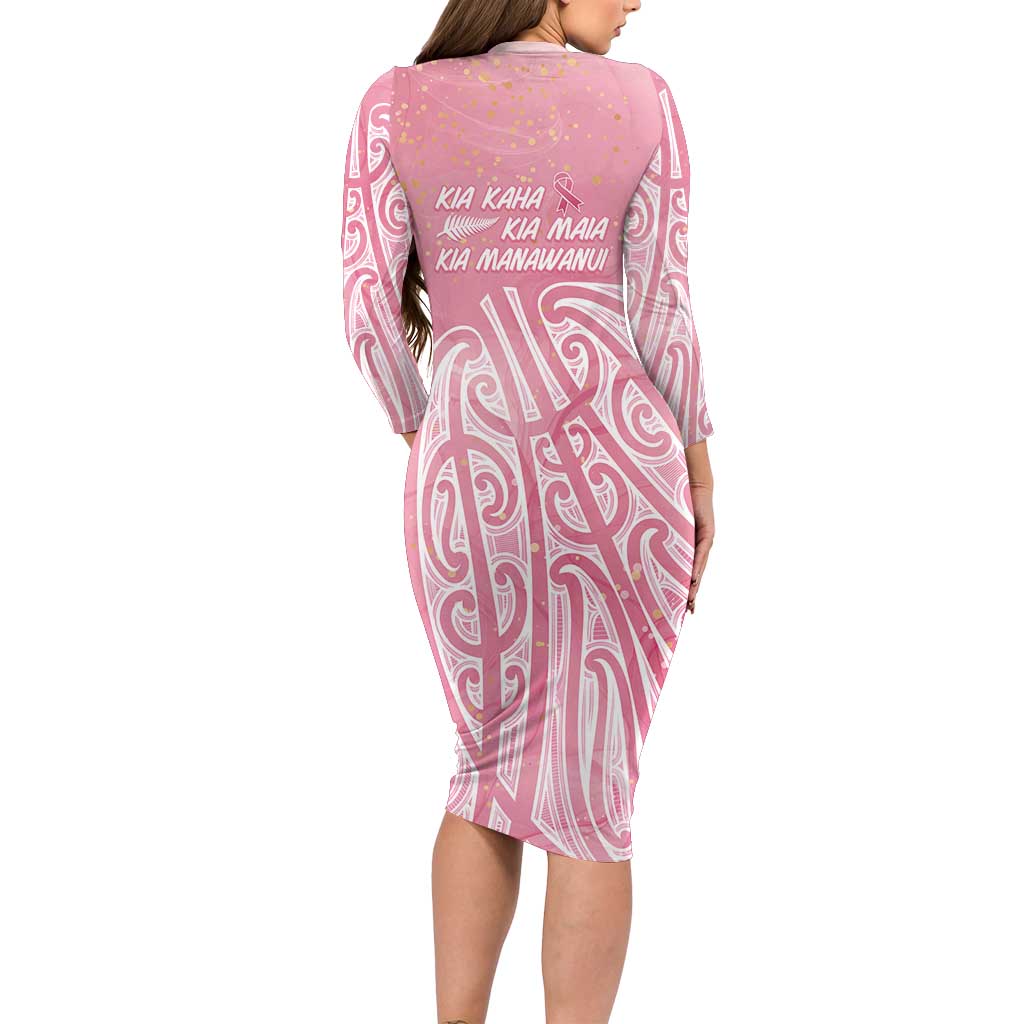 Breast Cancer Awareness Maori Long Sleeve Bodycon Dress Kia Kaha Kia Maia Kia Manawanui LT7 - Polynesian Pride