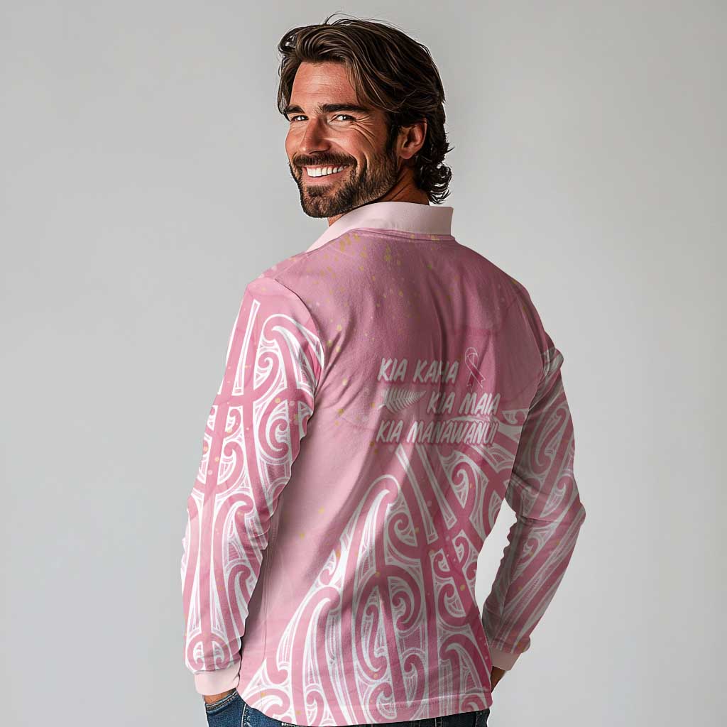Breast Cancer Awareness Maori Long Sleeve Polo Shirt Kia Kaha Kia Maia Kia Manawanui LT7 - Polynesian Pride