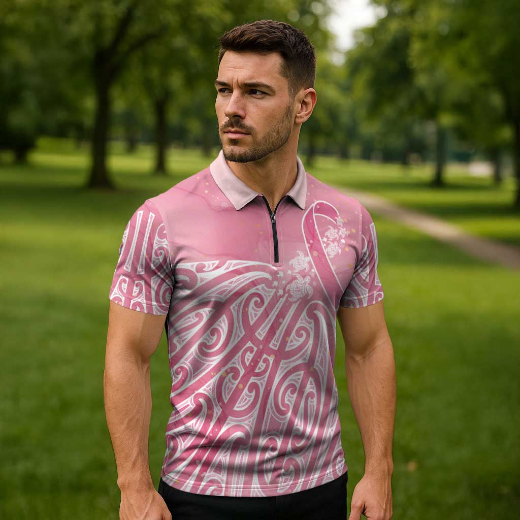 Breast Cancer Awareness Maori Zipper Polo Shirt Kia Kaha Kia Maia Kia Manawanui LT7 - Polynesian Pride